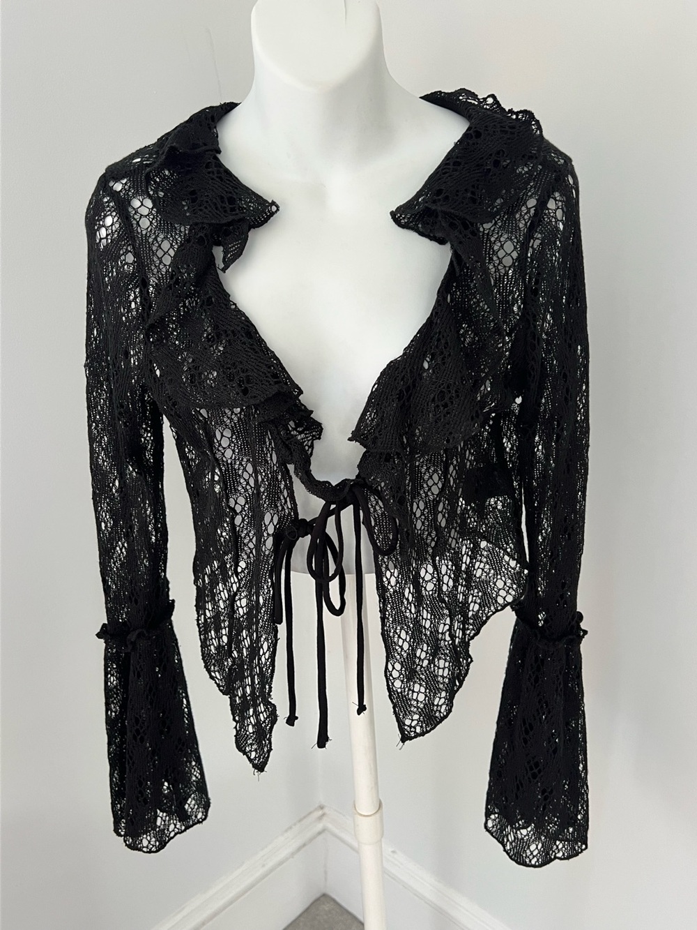 Urban Outfitters Black Lace Tie-Front Ruffle Blouse